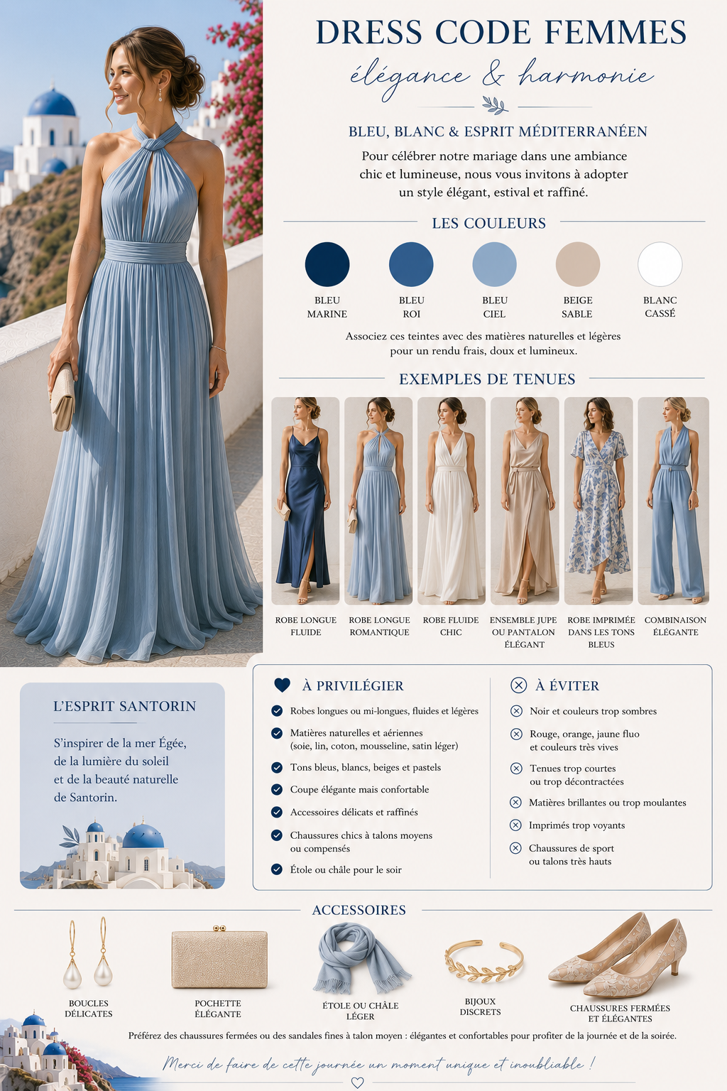 Dress code femmes : robes longues et fluides dans les tons bleus, blancs et beiges, esprit Santorin