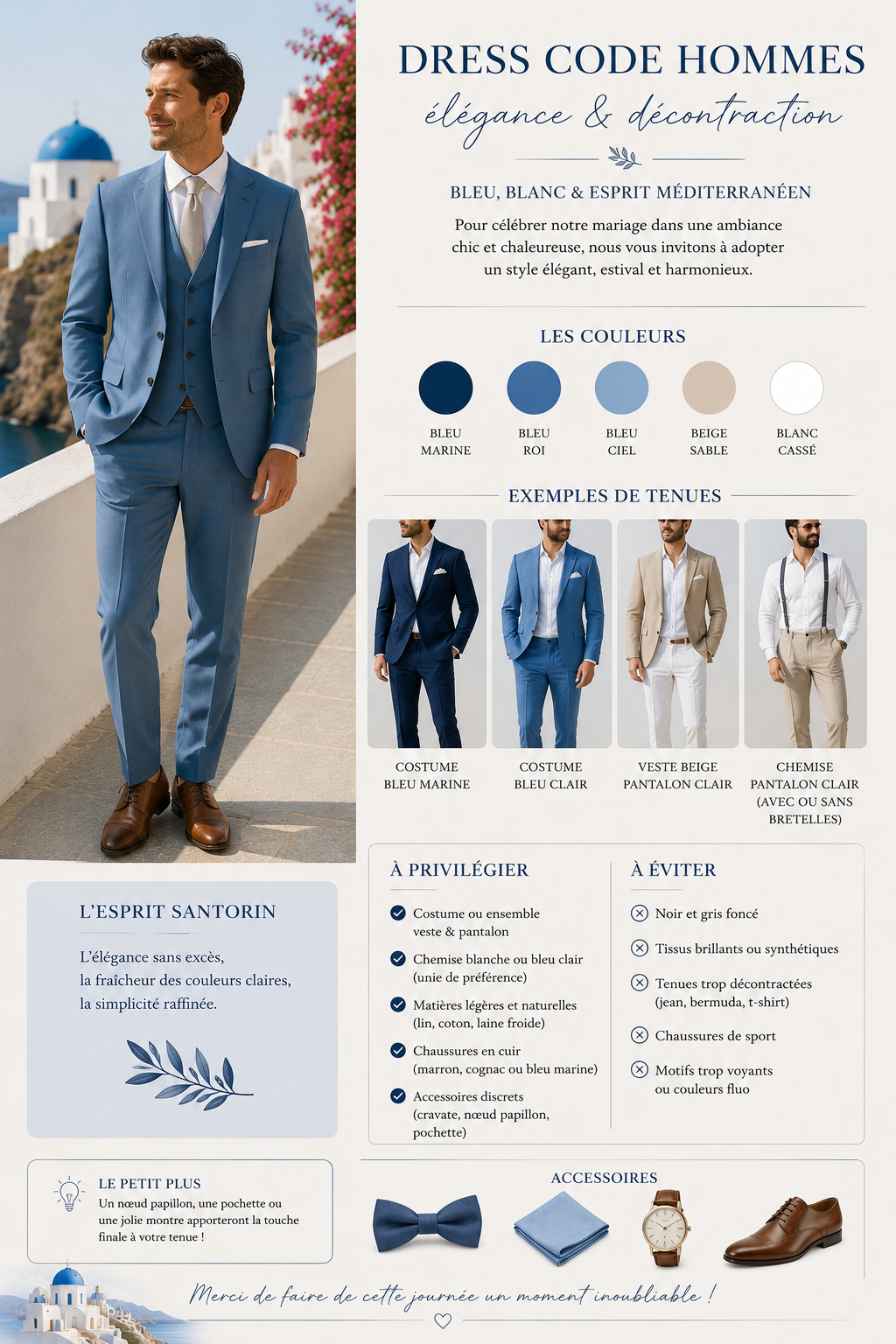 Dress code hommes : costume bleu, veste beige, chemise blanche, esprit mediterraneen