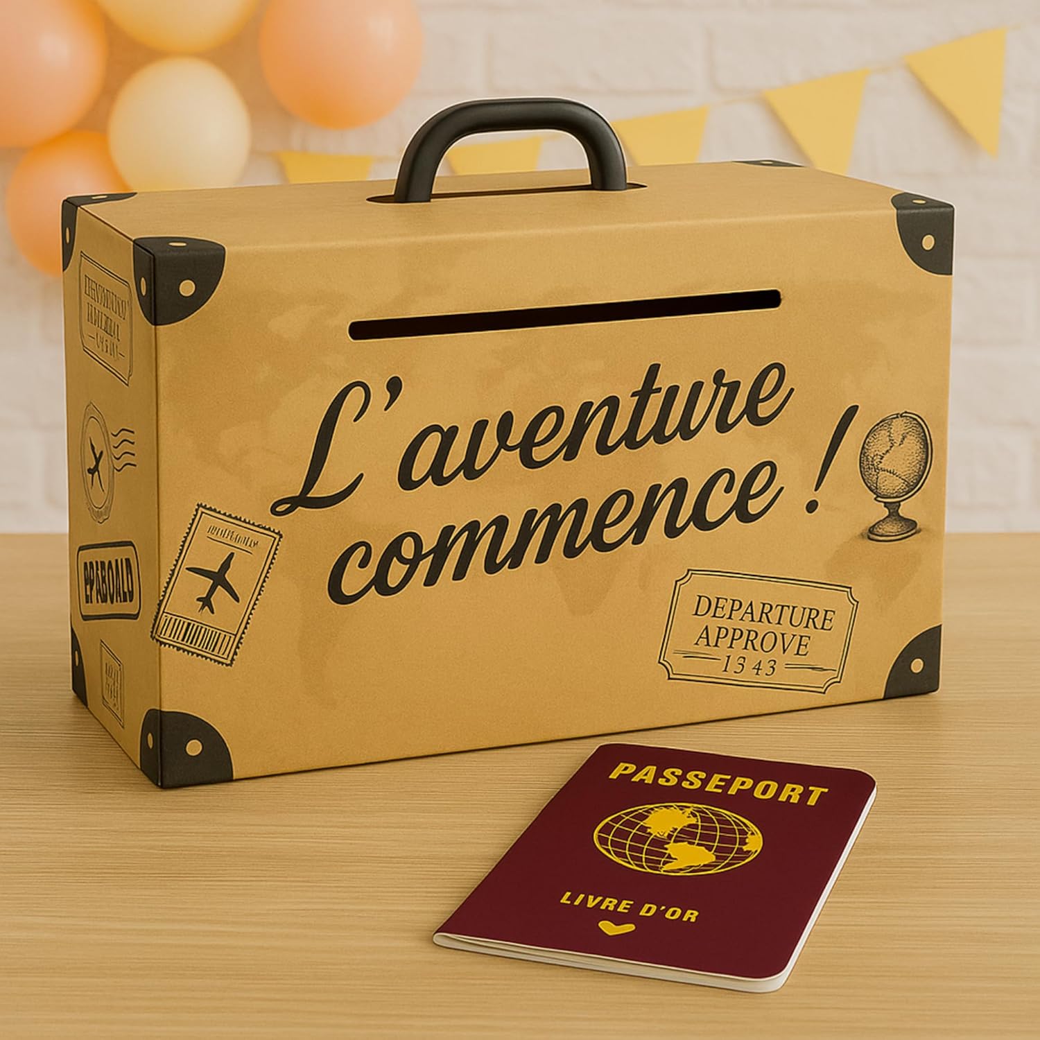 Valise de voyage vintage, posée à l'entrée de la salle de réception
